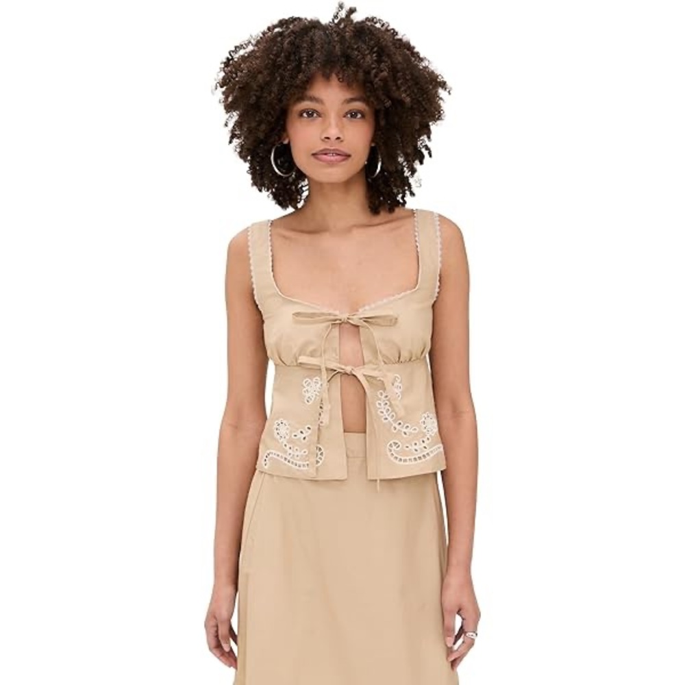 Moon River Tan Embroidered Tank Top